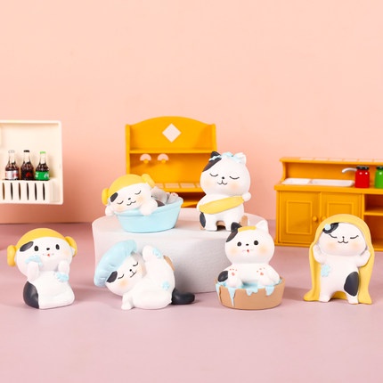Set 6 mô hình mèo tắm rửa, mèo nhà tắm hơi nhiều biểu cảm đáng yêu đặt bàn làm việc, bàn học, quà tặng bạn bè người thân