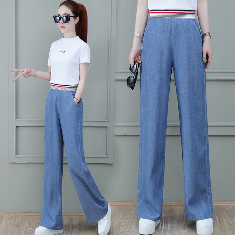 Vải denim lụa băng quần ống thẳng cạp trễ dài rộng Tencel nữ mùa hè 2021 kiểu mới và mỏng