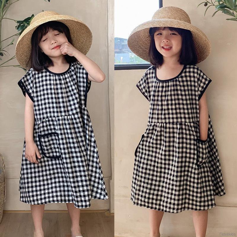 Đầm tay ngắn cổ tròn dáng rộng in họa tiết caro phối túi lớn thời trang mùa hè cho bé gái
