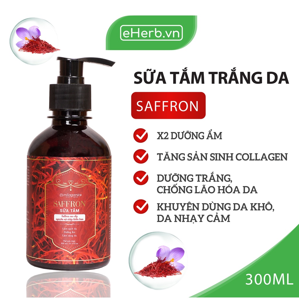 Sữa Tắm MILAGANICS Làm Sáng Da Saffron Whitening Với Saffron Nguyên Sợi 100% Nhập Khẩu Iran 300ml (Chai)