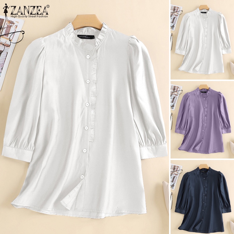 Áo kiểu ZANZEA cổ đứng dáng rộng màu trơn phong cách Hàn Quốc dành cho nữ