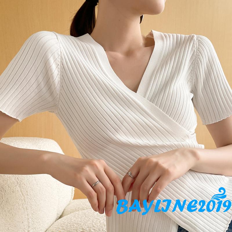 Áo Thun Nữ Ngắn Tay Cổ Chữ V Màu Trơn Thời Trang | BigBuy360 - bigbuy360.vn