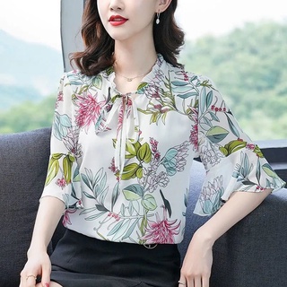 Áo sơ mi chiffon tay dài dáng rộng in họa tiết thời trang cho phụ nữ trung niên
