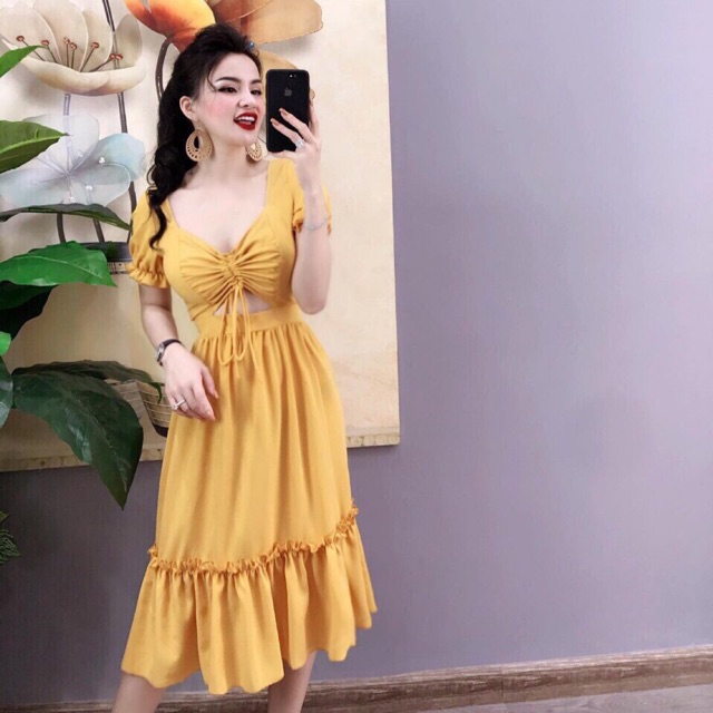 BB208 Đầm tiểu thư dây eo chun ngực lai bèo