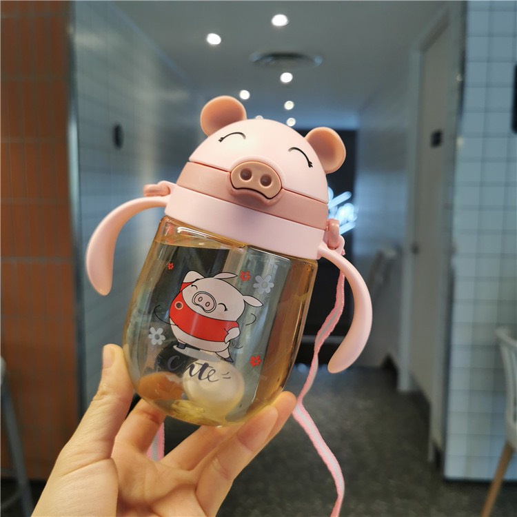 Bình tập uống nước cho bé ống hút có van chống sặc cho bé tập hút an toàn thể tích 415ml hình heo dễ thương
