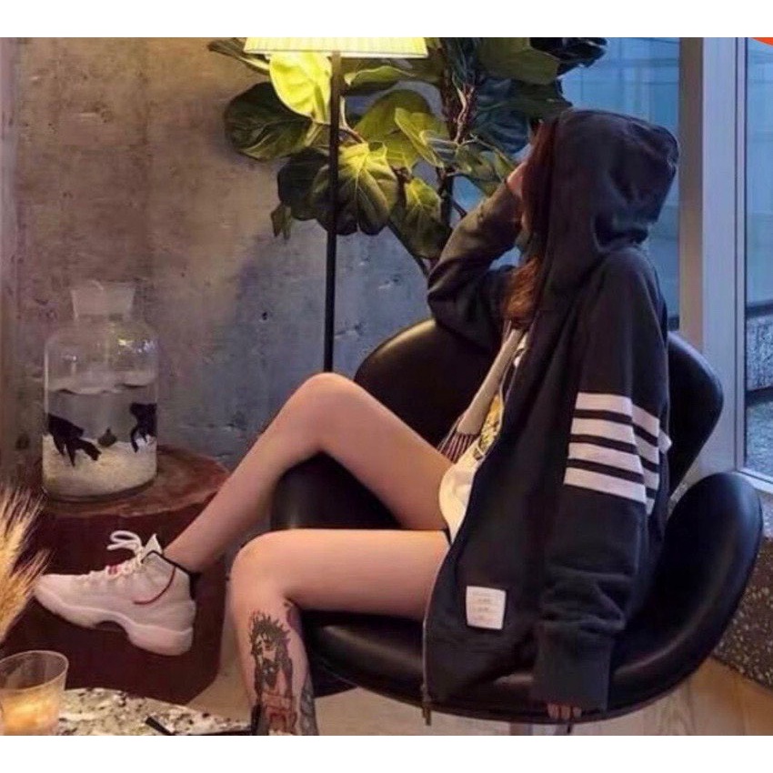 Áo Khoác 4 Vạch Ống Tay Thom Form Rộng Tay Phồng, Áo Hoodie Kéo Khóa