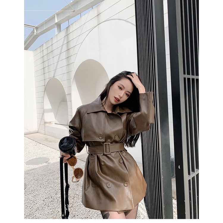 Áo Khoác Da Dài Tay Cao Cấp Đai Thắt Eo