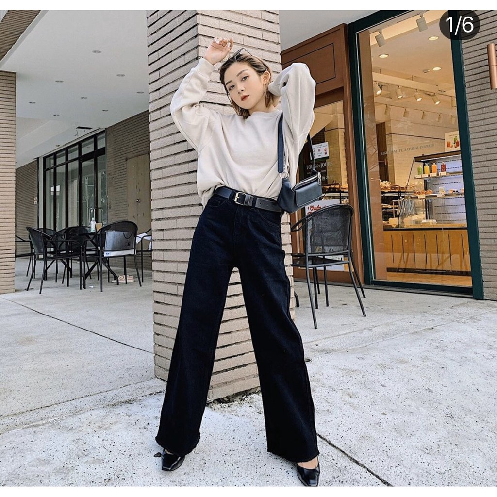 Quần jeans dài nữ Basic Black 40, ống suông rộng lưng cao, sớ vải xịn min, quần bò rin denim culottes đen trơn cool