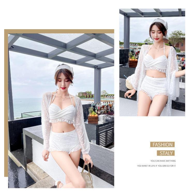 Set Đồ Bơi Áo Tay Dài + Quần Lưng Cao Màu Trắng Phong Cách Hàn Quốc | BigBuy360 - bigbuy360.vn