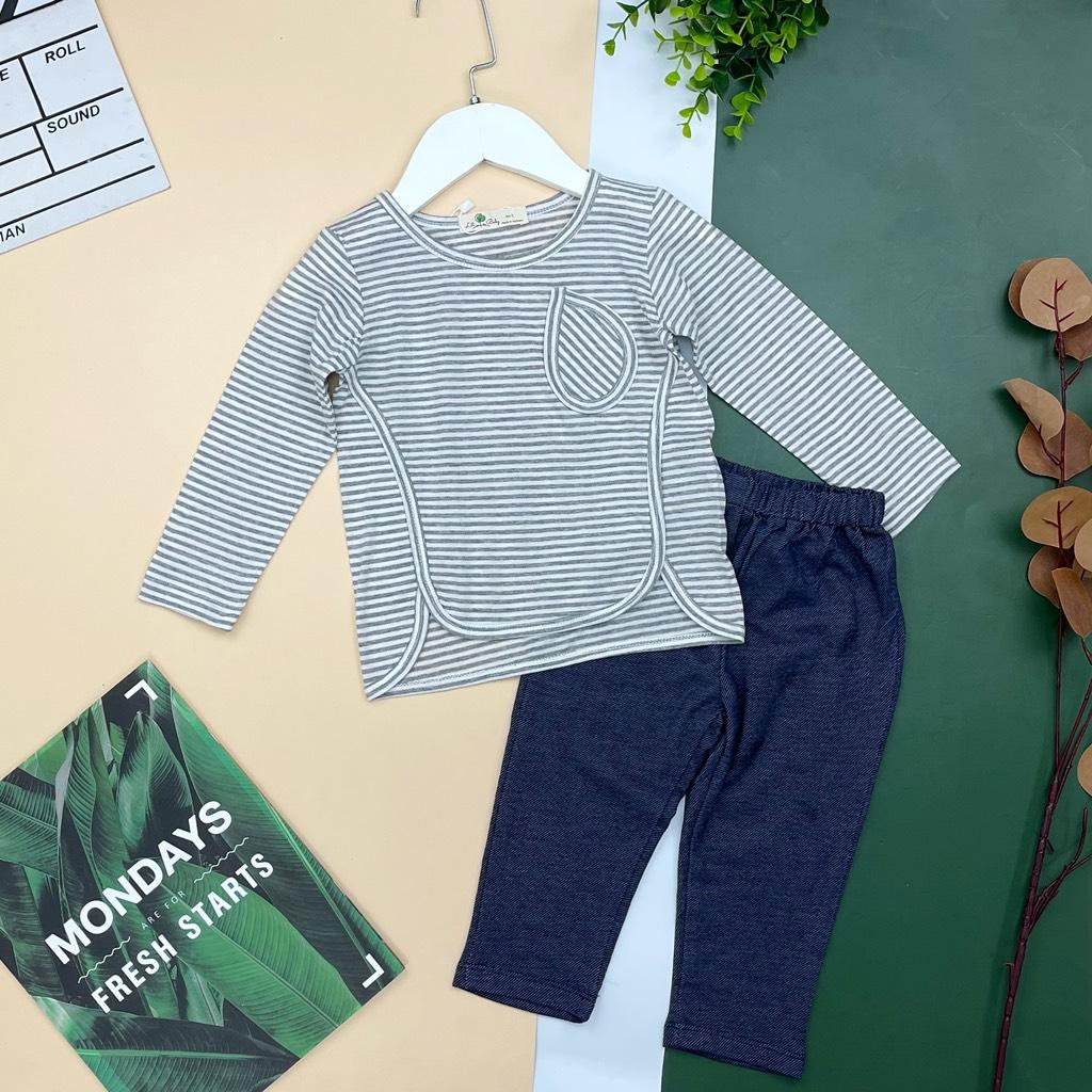 Bộ thu đông bé gái LITIBABY, áo kẻ quần giả jean, size 1/5T