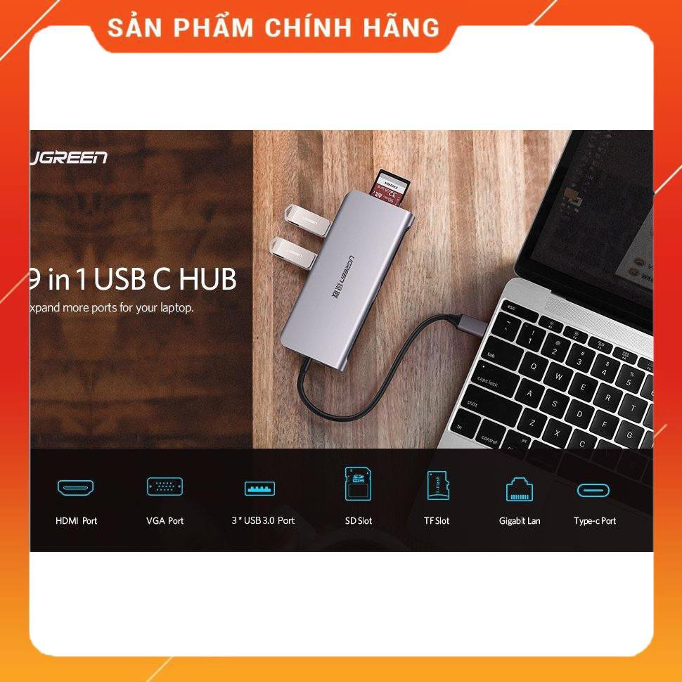 Bộ chuyển đổi USB Type-C sang Hub 2 cổngUSB3.0HDMI,VGA,cổng mạng,đầu đọc thẻ UGREEN 40873 dailyphukien