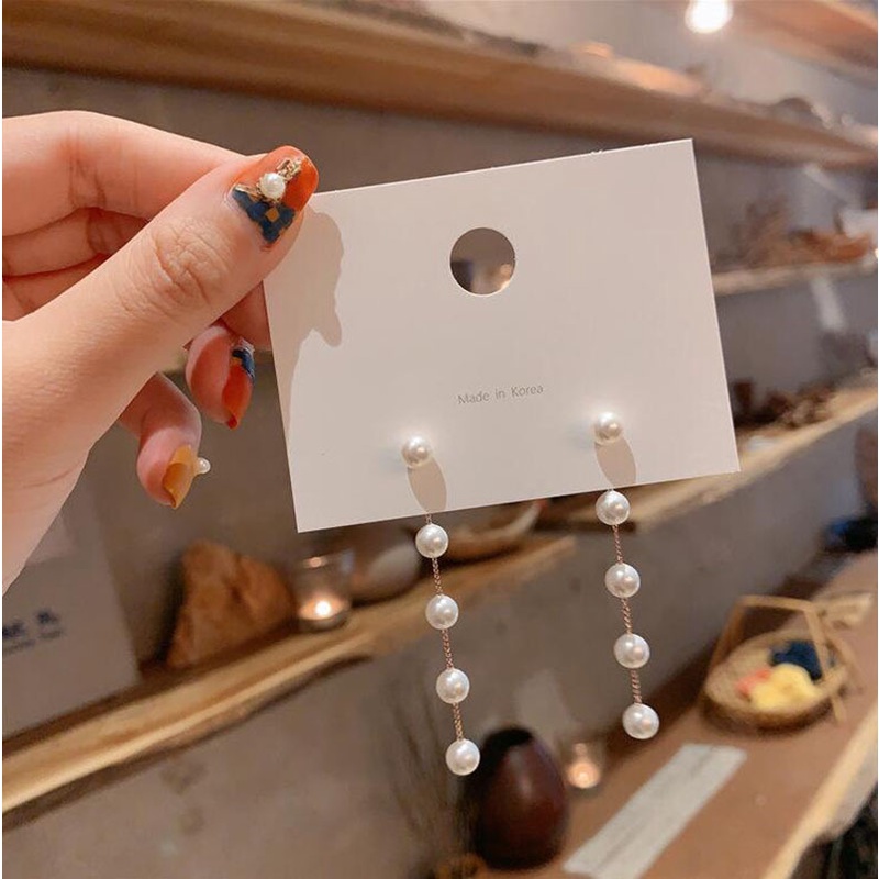 Khuyên tai mạ bạc 925 dáng dài đính hạt ngọc trai giả thanh lịch
