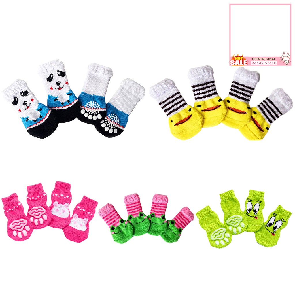 Set 4 chiếc vớ cotton chống trơn trượt họa tiết hoạt hình dễ thương dành cho thú cưng