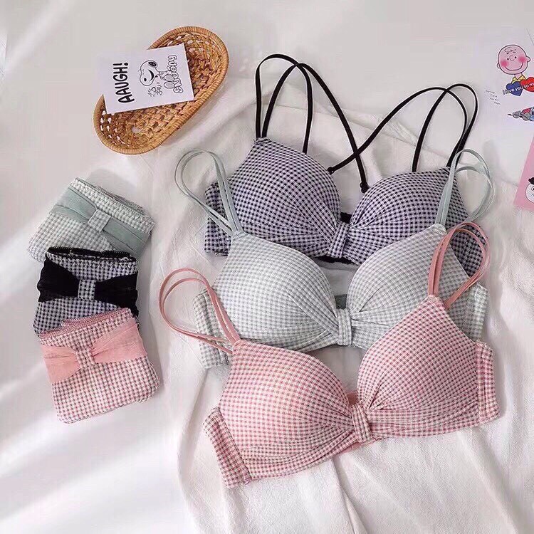 Bộ Đồ Lót Nhún Nơ Phối Kẻ Không Gọng Siêu Xinh | BigBuy360 - bigbuy360.vn