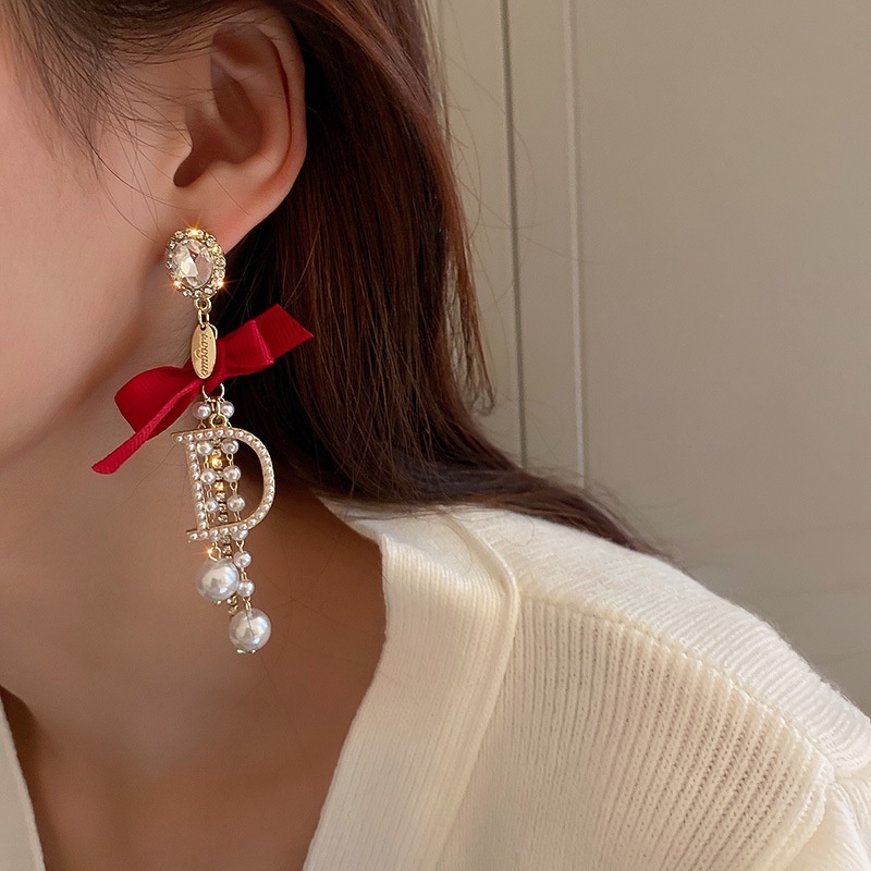 Đôi Bông Tai Dáng Dài Phối Nơ Và Ngọc Trai Thời Trang Xinh Xắn Cho Nữ