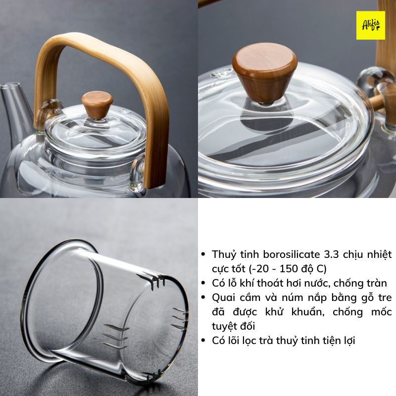 Ấm trà, ấm trà thủy tinh chịu nhiệt cao cấp có lõi lọc thủy tinh và quai cầm bằng tre chống mốc dung tích 900ml