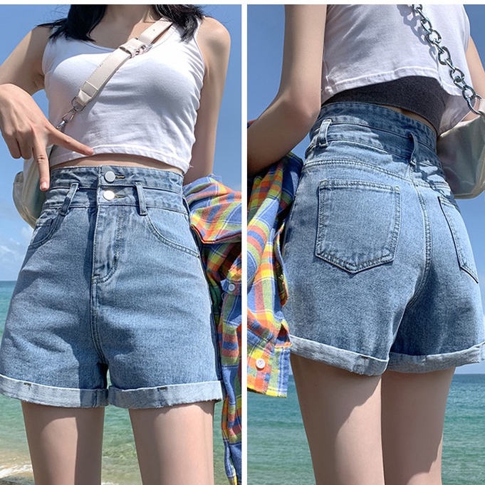 Quần short jean nữ lưng cao hai nút lai lật phong cách Ullzang có Bigsize 2XL cho người 68kg