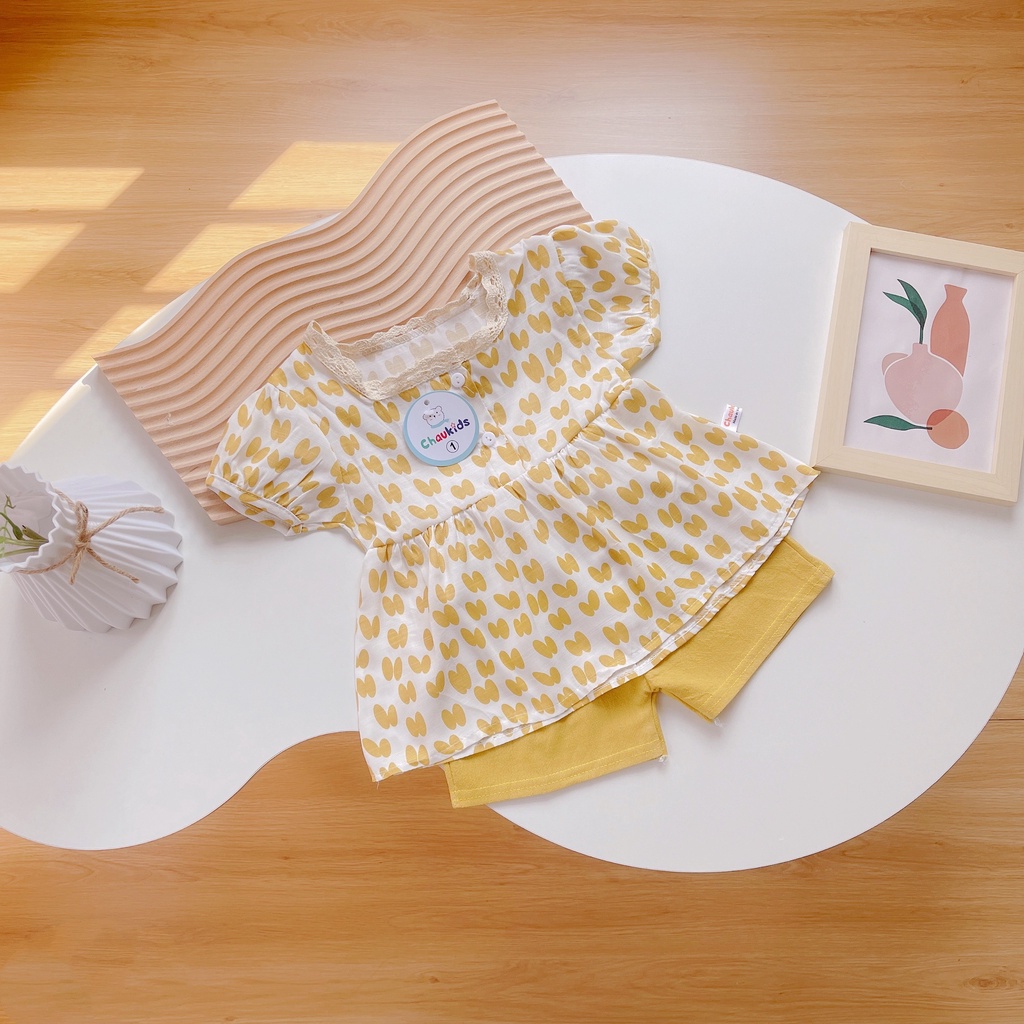 Bộ cộc tay bé gái, bộ quần áo chất thô đũi cổ vuông viền ren dáng babydoll cho bé