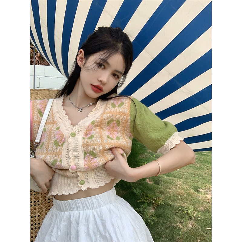 Cocory vn Áo Croptop Dệt Kim Tay Ngắn Cổ Chữ V Hoạ Tiết Hoa Thời Trang Mùa Hè