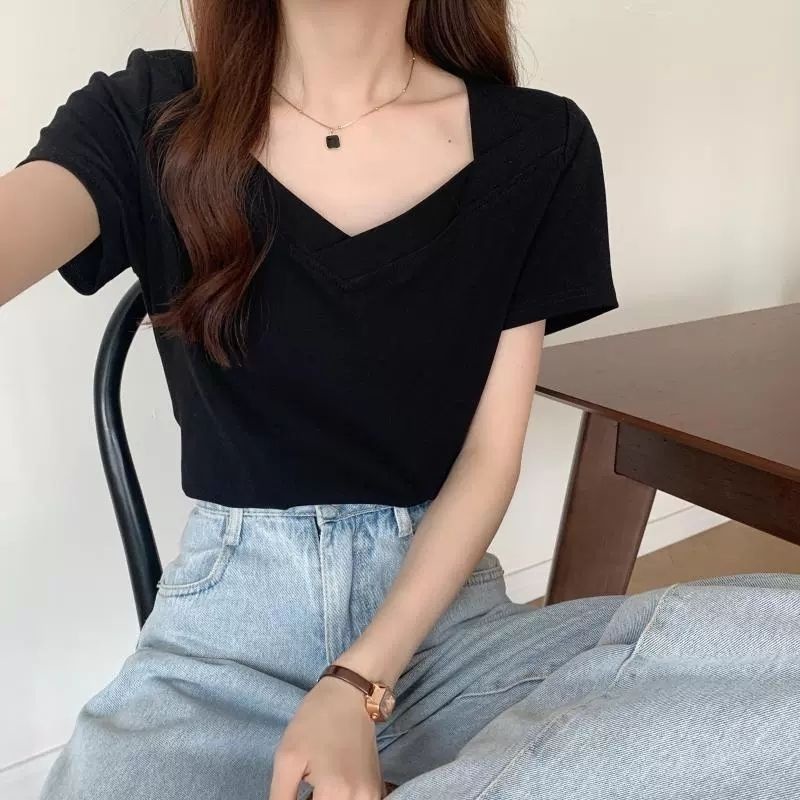 Áo Thun Tay Ngắn Cổ Chữ v Màu Đen Thời Trang Mùa Hè Cho Nữ