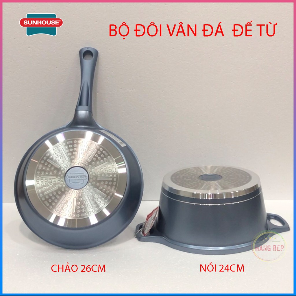 Bộ đôi nồi chảo vân đá đế từ 24cm &amp; 26cm  Sunhouse giá rẻ