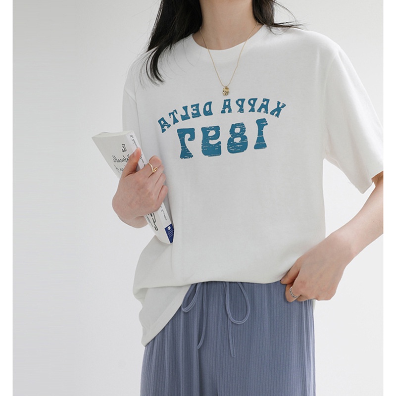Áo Thun Ngắn Tay Cổ Tròn In Chữ Đơn Giản Phong Cách Hàn Quốc Cho Nữ