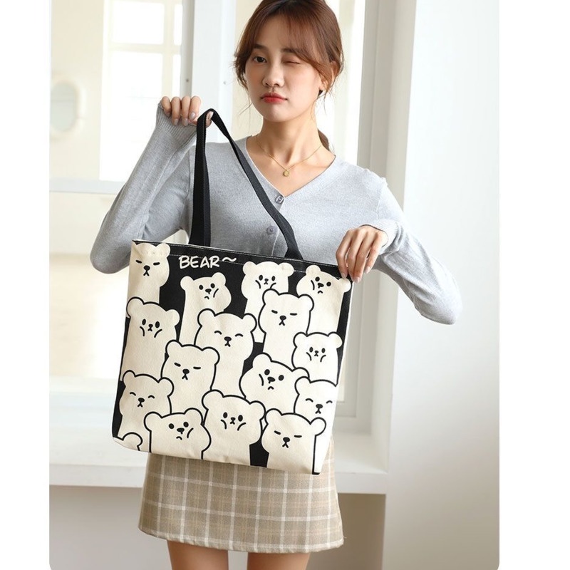 Túi Vải Canvas Thời Trang Cho Nữ 154475 Túi Vải Đeo Vai Hình Gấu Dễ Thương Sức Chứa Lớn Phong Cách Hàn Quốc Cho Nữ