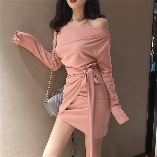Đầm thun ôm trễ vai cột nơ quyến rũ Ulzzang