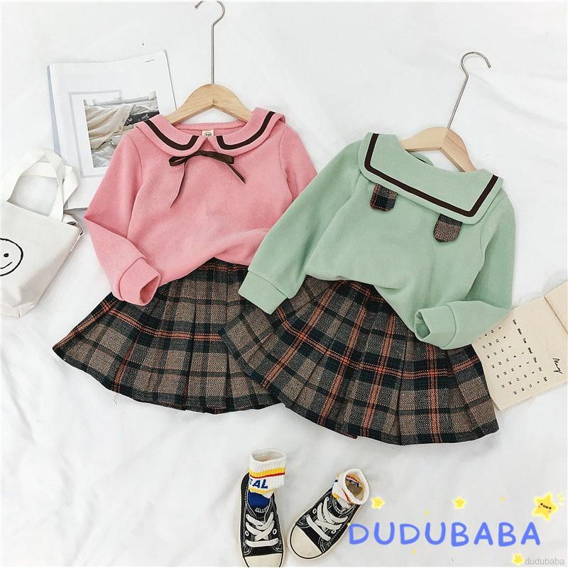 Áo thun + chân váy chữ A màu trơn tay dài cho bé 1-7 tuổi phong cách xuân/ thu Hàn Quốc