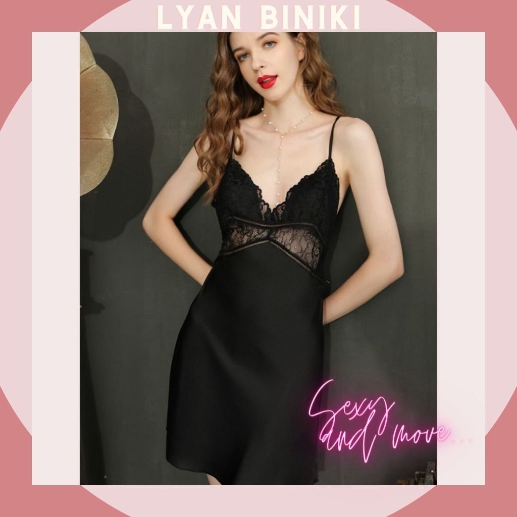 Đầm ngủ váy ngủ nữ 2 dây lụa satin phối ren gợi cảm sexy LYAN BIKINI L003