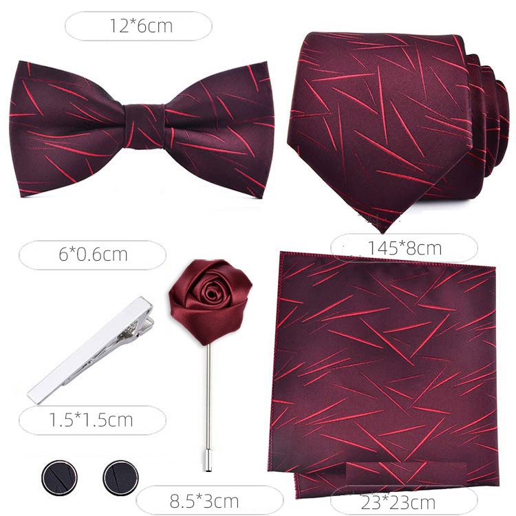 Combo 6 món Cavat 8cm, Nơ cài áo, Khăn cài túi áo, Kẹp cavat, măng-set, trâm cài áo, Cà vạt chú rể, Calavat Công sở