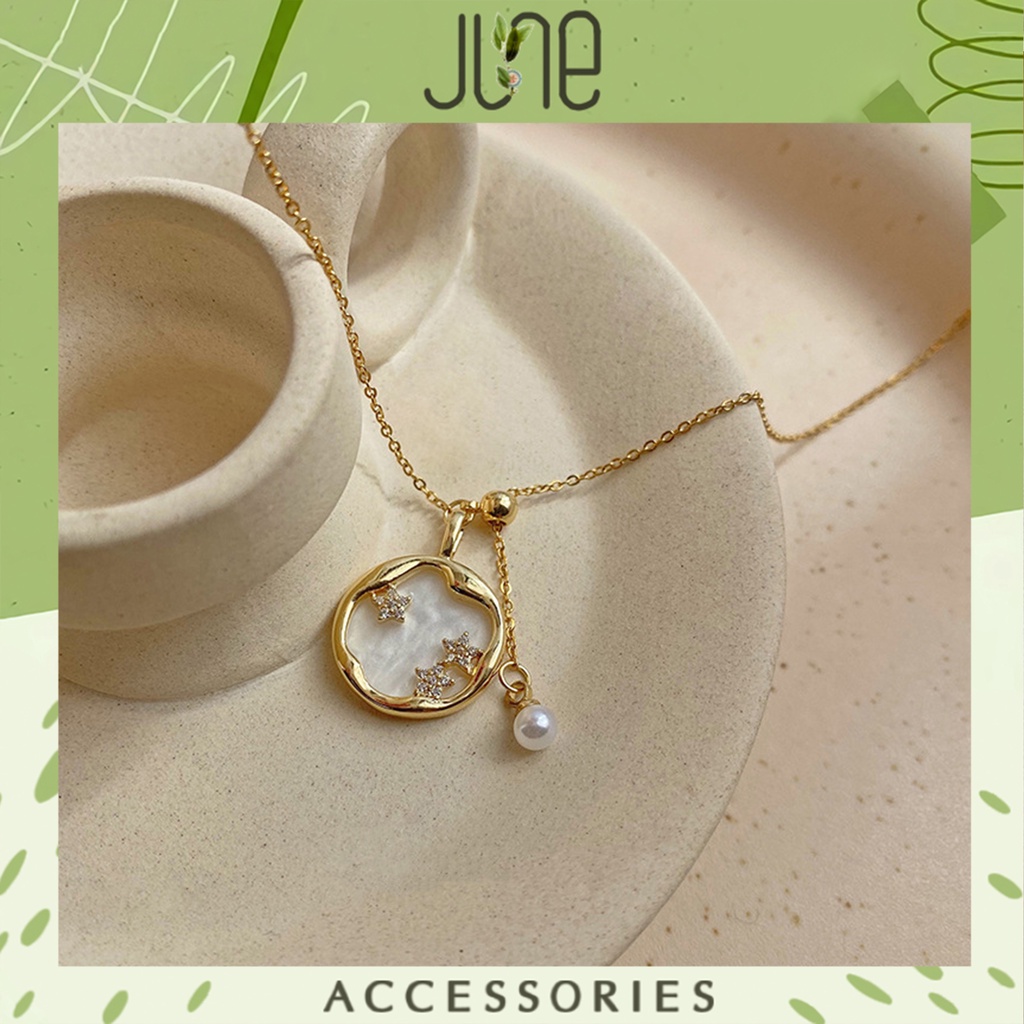 Dây chuyền nữ mặt tròn vòng cổ titan mặt tròn mix sao đính đá dây rút tạo kiểu sáng tạo June accessories