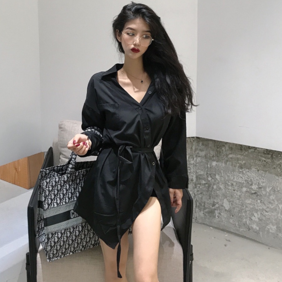 Áo sơ mi kiểu tay dài màu trắng &amp; đen HAF48 Hỉn Hỉn Store