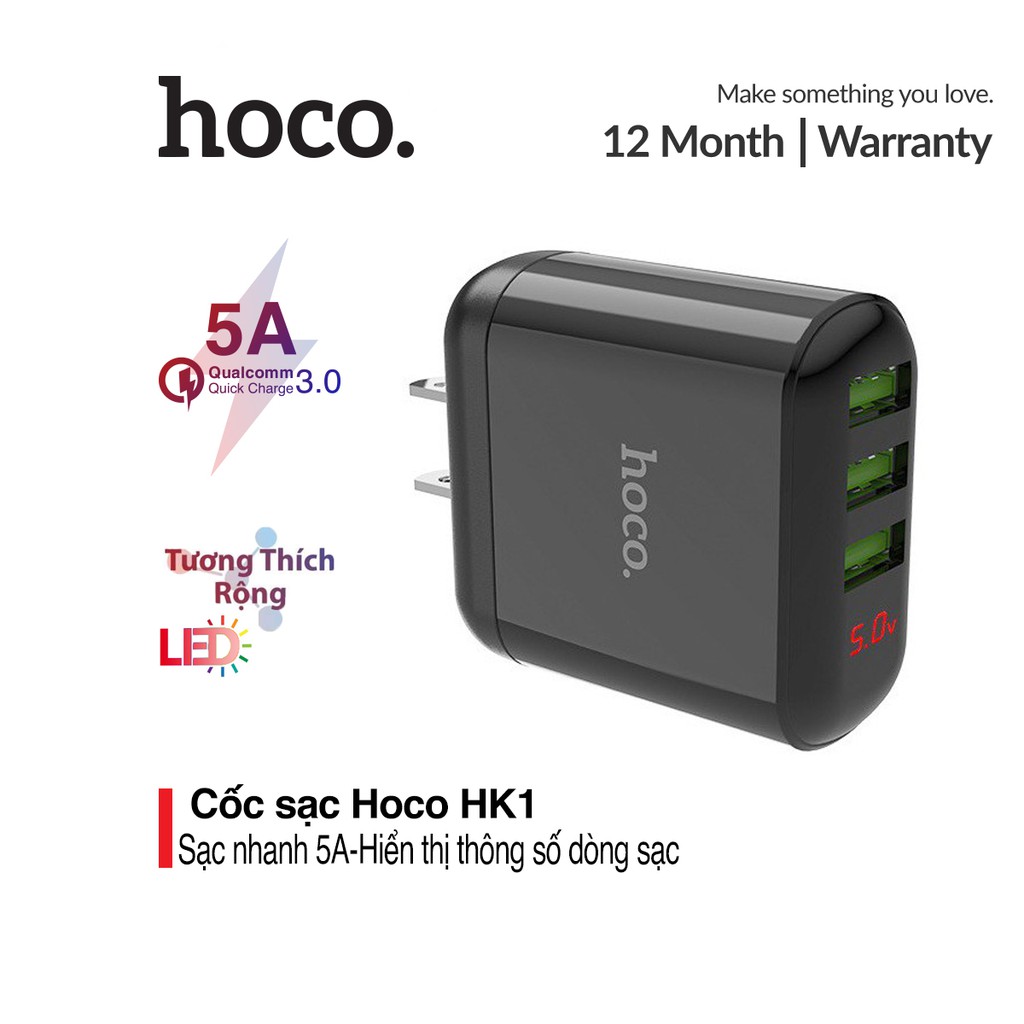 Cốc sạc nhanh 3 cổng (3 USB) 5A MAX Hoco 3-Ports HK1 Đèn led báo sạc