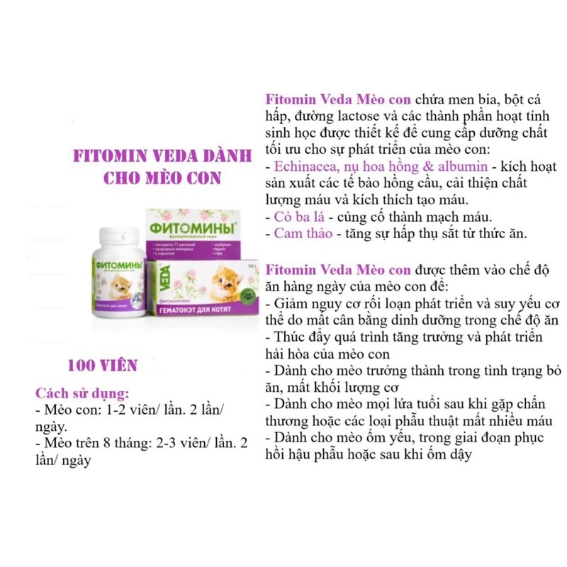 VITAMIN TĂNG ĐỀ KHÁNG DÀNH CHO MÈO CON VEDA FITOMIN (100v)