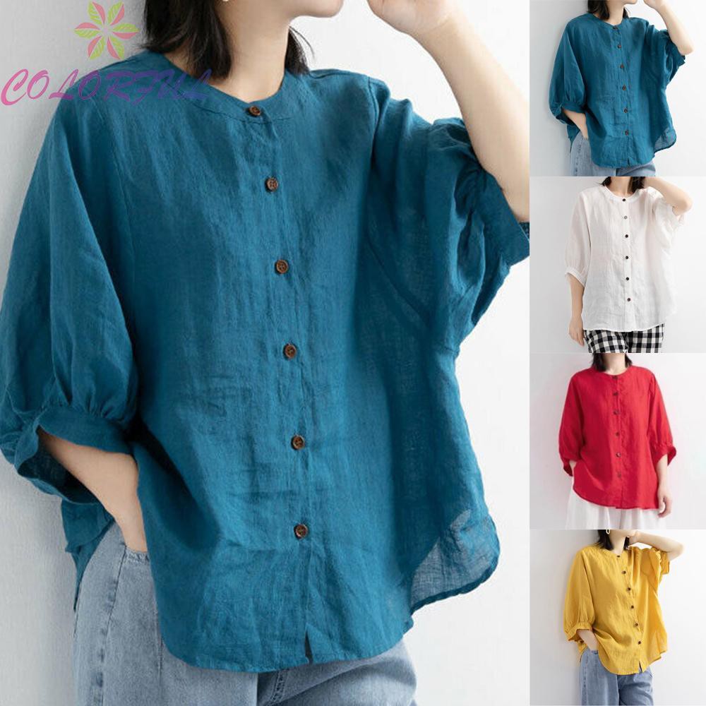 Áo Cotton Linen Trơn Màu Ngắn Tay Xinh Xắn Dành Cho Nữ