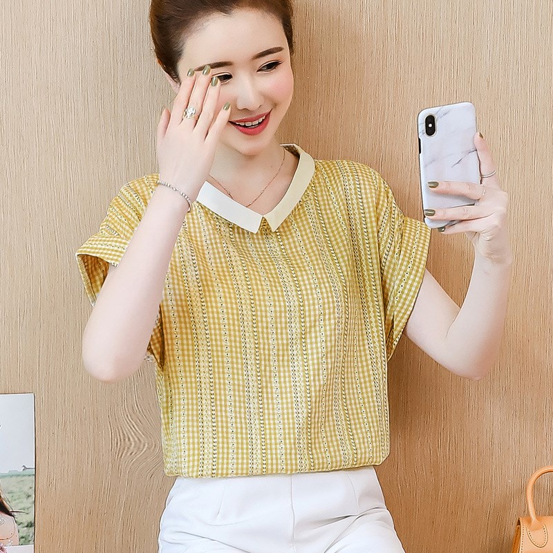 Áo kiểu tay ngắn cổ búp bê thiết kế mới họa tiết sọc caro thời trang theo phong cách hàn quốc cho nữ