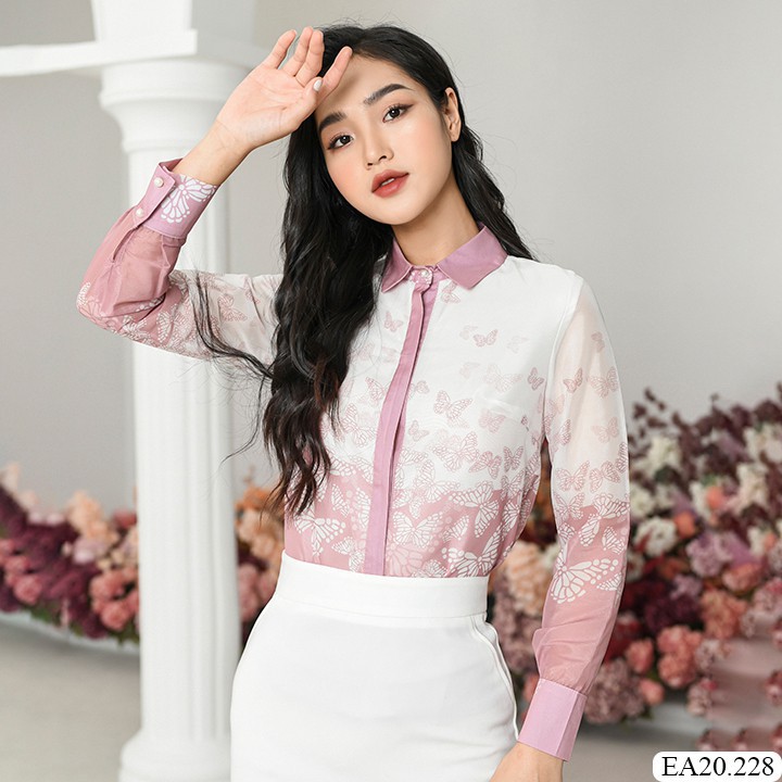 Áo sơ mi công sở Mophus EA20228 hồ điệp, áo sơ mi nữ vải co dãn thời trang công sở cao cấp | BigBuy360 - bigbuy360.vn