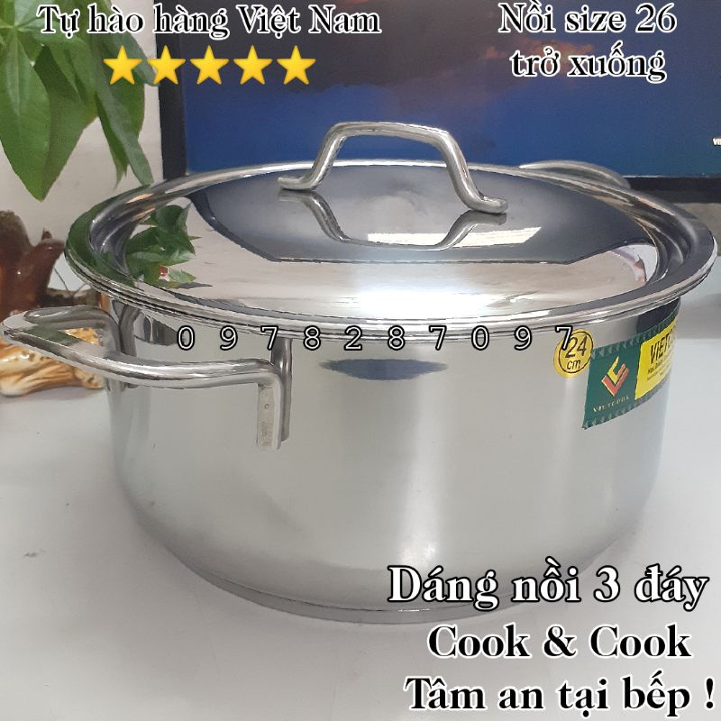 [CHÍNH HÃNG] Nồi luộc gà 3 đáy Vietcook inox 430 đủ size 24cm, 26cm, 28cm, 30cm, 32cm sử dụng được trên bếp từ