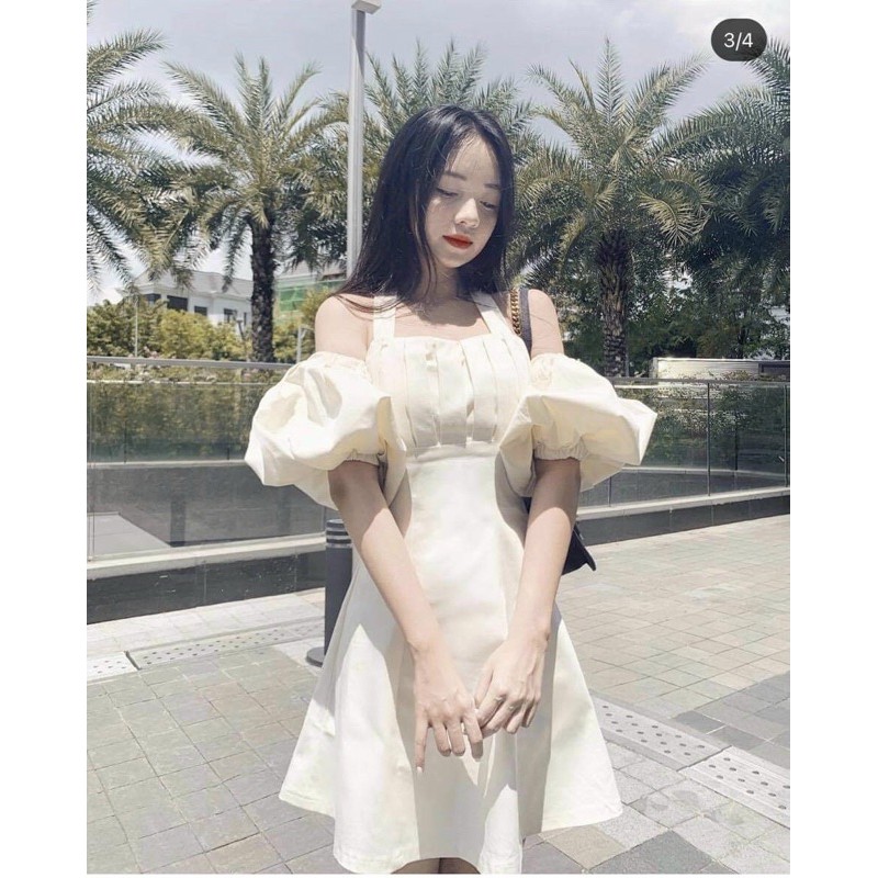 Đầm Xinh HỞ VAI form tôn dáng chất vải dày dặn thiết kế phần ngực xếp tinh tế mặc được 2 kiểu