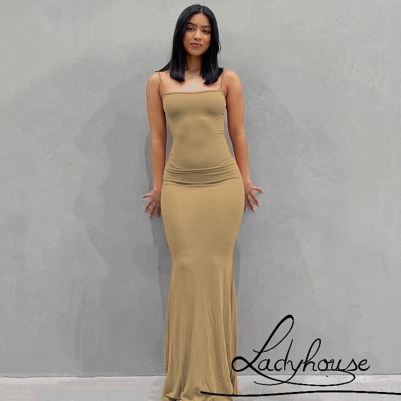 Đầm Dài Hai Dây Ôm Dáng Màu Sắc Đơn Giản Dành Cho Nữ