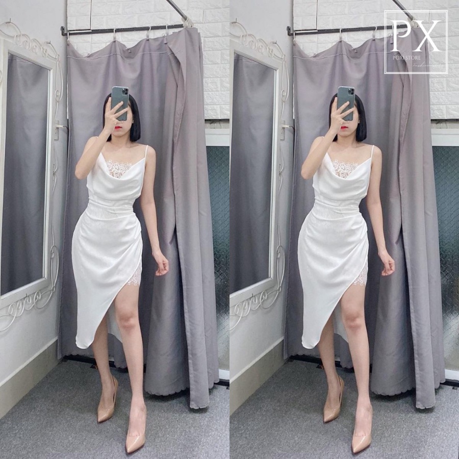 Đầm Cổ Đổ Vạt Xéo Ren Ngực (ĐEN+TRẮNG)