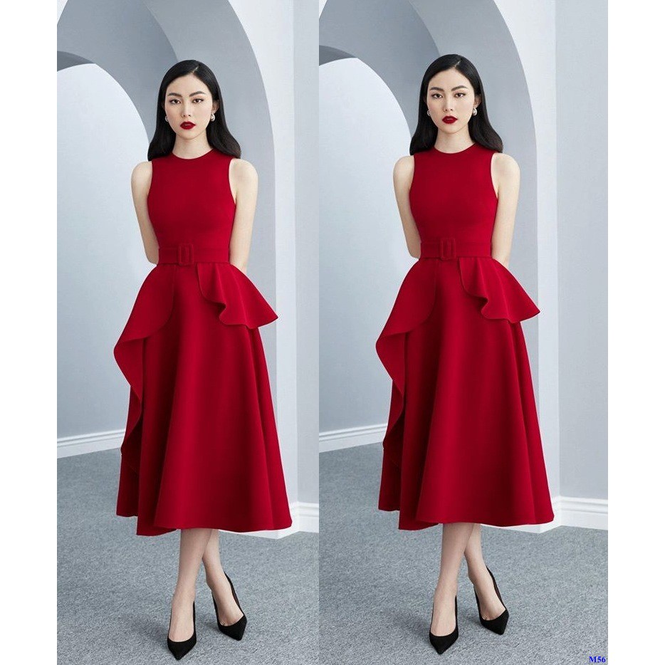 Đầm Xòe Đỏ Sát Nách Phối Bèo Hông Trẻ Trung
