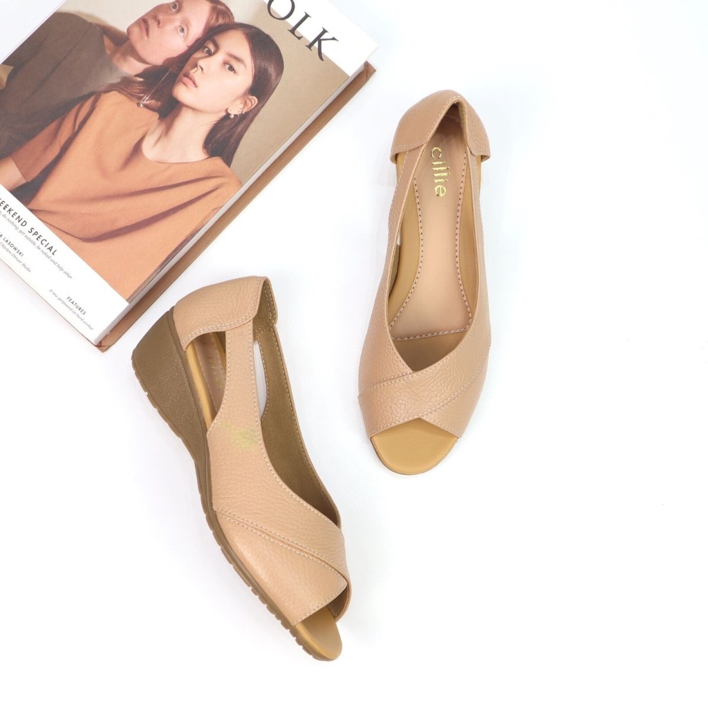 Giày đế xuồng da thật hở mũi êm chân mang công sở đi làm cao 5cm Cillie 1192