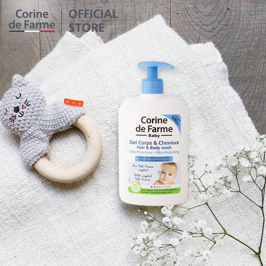 Gel Tắm Gội Cho Bé Corine De Farme Ultra Protecting Hair &amp; Body Wash dành cho da khô, nhạy cảm 500ml