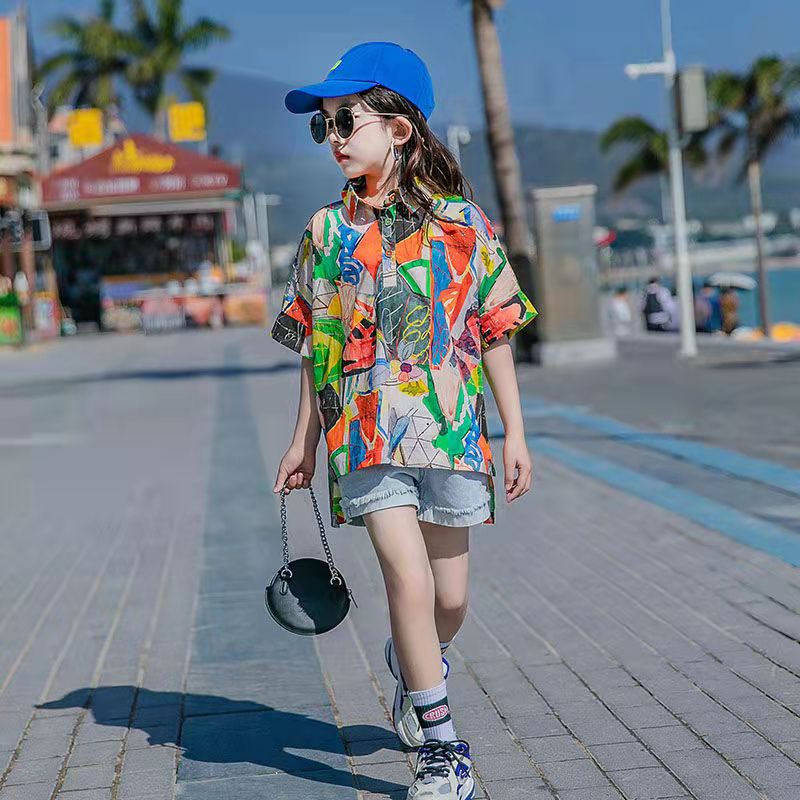Áo Sơ Mi Tay Ngắn Họa Tiết Graffiti Nhiều Màu Sắc Thời Trang Hàn Quốc Cho Bé Gái 6-12 Tuổi