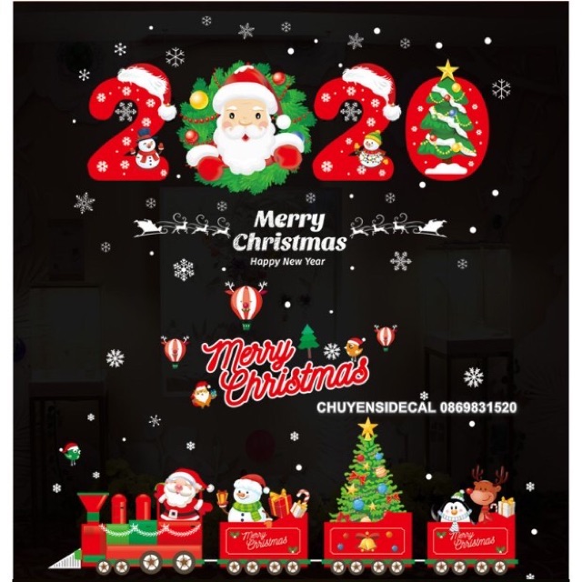 Combo decal dán tường Noel - 2020 kết hợp Xe đoàn đỏ ( 2 tấm )