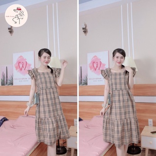 Đầm bầu caro chất liệu kate thoáng mát nâu dễ thương