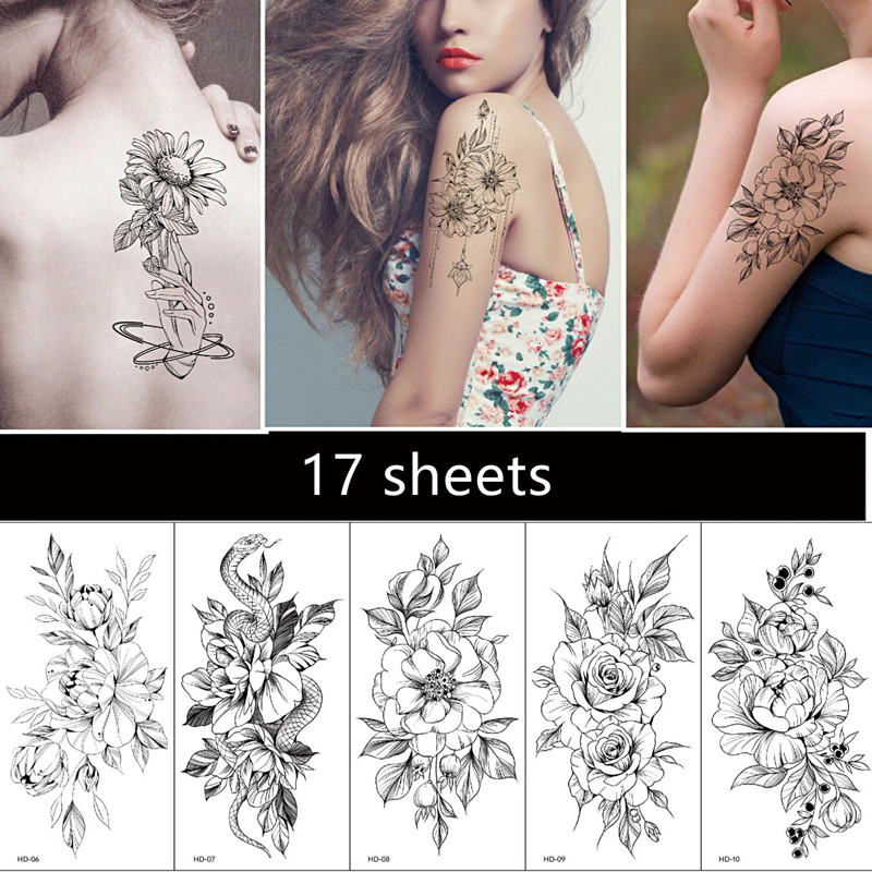 Bộ 17 miếng dán hình xăm tạm thời trên ngực và lưng họa tiết bông hoa quyến rũ dành cho nữ