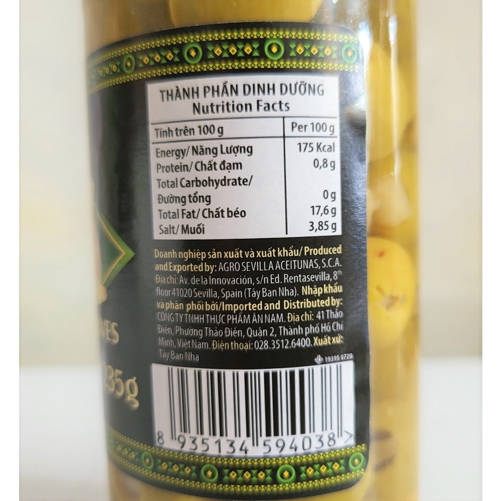 [Lọ 235g – NHÂN TỎI] TRÁI Ô LIU XANH [Spain] LATINO BELLA Garlic Stuffed Manzanilla Olives (anm-hk)